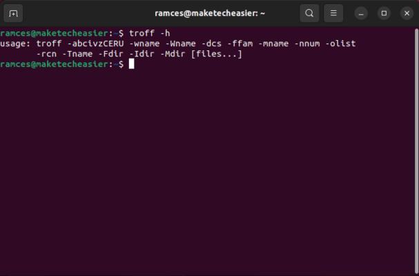 A terminal screen running the -h flag in Troff.