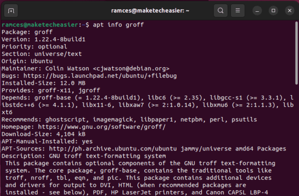 A terminal window running the apt info command for groff.