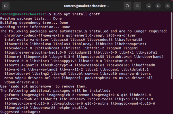 A terminal window showing the apt install command for groff.