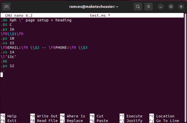 A terminal window screen showing a complex Troff macro.