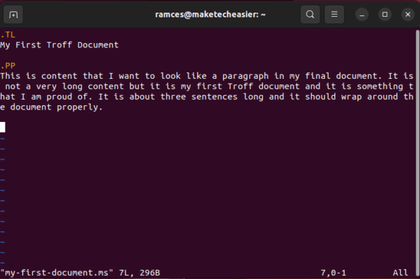 A terminal window showing a basic Troff document.