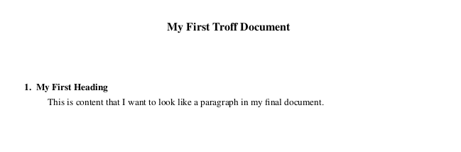 A PDF output of a Troff document with a single numbered heading.