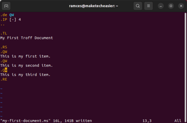 A terminal window that shows the source file of a document that used macros to automate list creation.