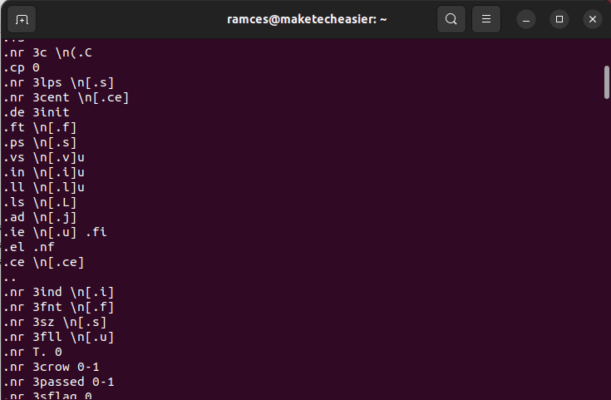 A terminal window that shows the converted Troff code from a preprocessor.