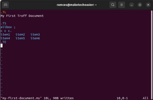 A terminal window that shows the preprocessor script for Tbl.