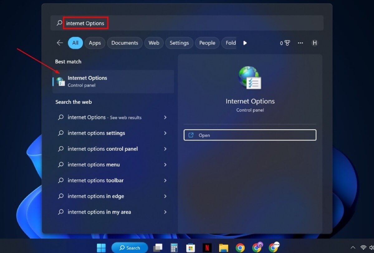 Typing "Internet Options" in Search. 