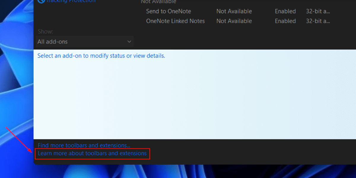 "Learn more about toolbars and extensions" option in "Manage add-ons."
