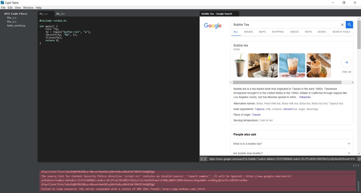 Light Table Three Tabs Light Table Welcome Page New Code In C And Google In Light Table Browser Screenshot Light Table in-editor view.