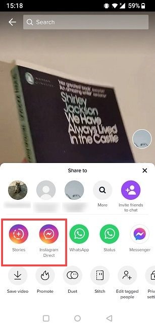 Sharing options for Instagram in TikTok app.