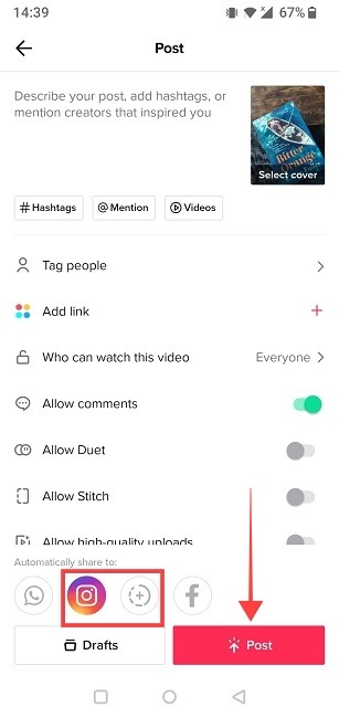 Link Tiktok Instagram Post Screen View.