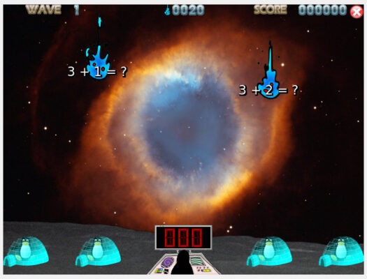 A basic session of TuxMath with two mathematical comets about to crash.