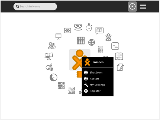 The landing screen for Sugar on a Stick showing a context menu for the system.