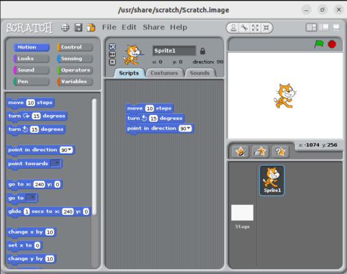 The landing screen for Scratch. It shows a simple block code in the middle of the window.