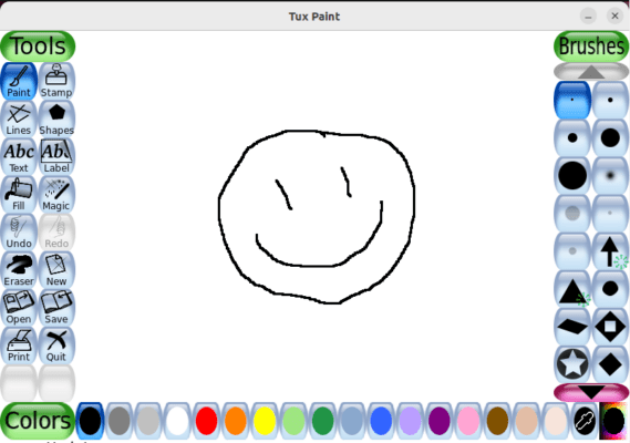 A basic session of Tux Paint. A drawing of a face is in the middle of the canvas.