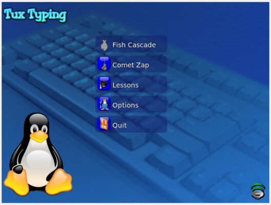 The landing screen for Tux Typing. It shows the activities that you can do in the program.