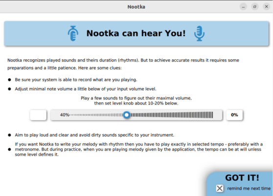 The microphone window for Nootka informing the user of its listening feature.