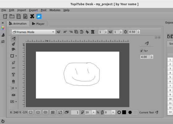 A basic session of TupiTube. It shows a white canvas with a thin smiling face in the middle.