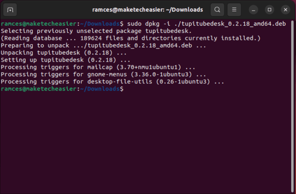 A terminal window that shows the installation process for TupiTube.