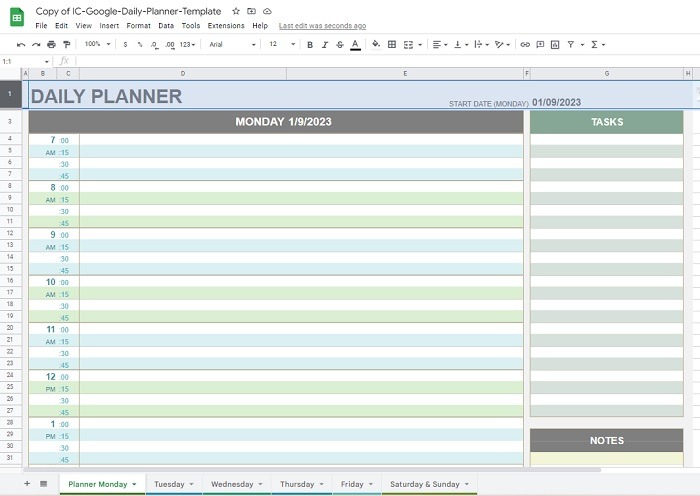 Daily Planner loaded to a Monday