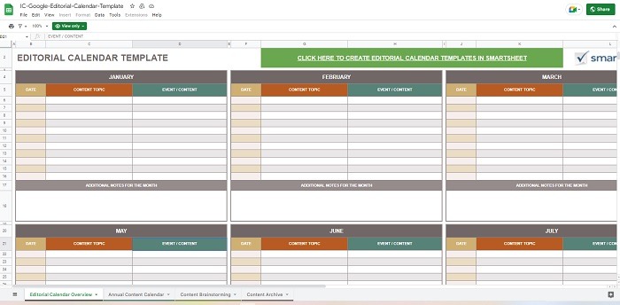 Editorial Calendar Template monthly overview in Google Sheets