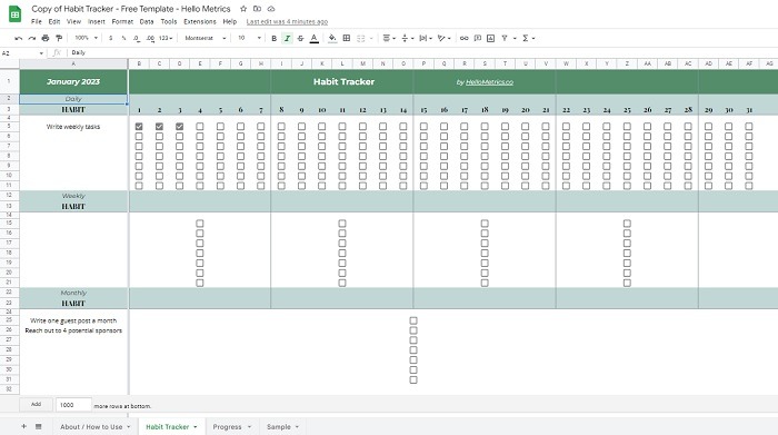 Tracking habits with the Habit Tracker Google Sheets calendar template