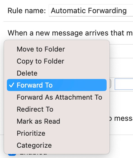 Adding a "Do the following" condition in Outlook for Mac.