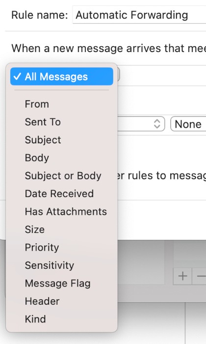 Adding a "When a new message arrives" condition in Outlook for Mac.