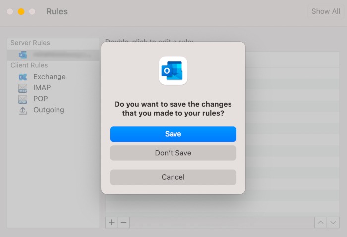 Saving new rule in Outlook for Mac.