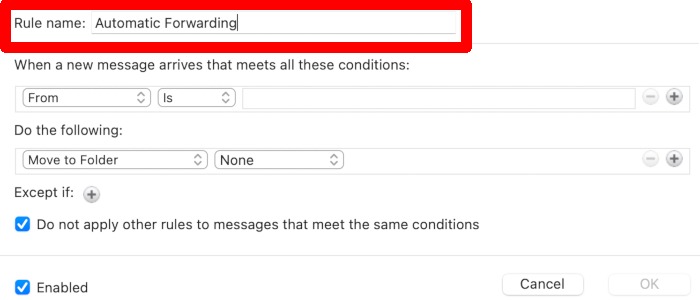 Naming the new rule in Outlook for Mac.