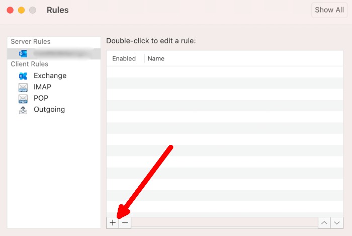 Clicking the "Add" button under Rules in Outlook for Mac.