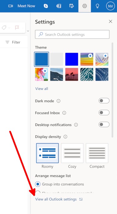 "View all Outlook settings" button in Outlook for web.