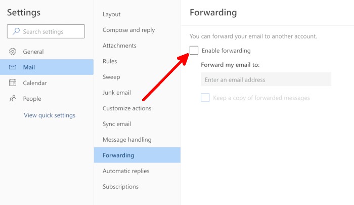 "Enable forwarding" section in Outlook for web.
