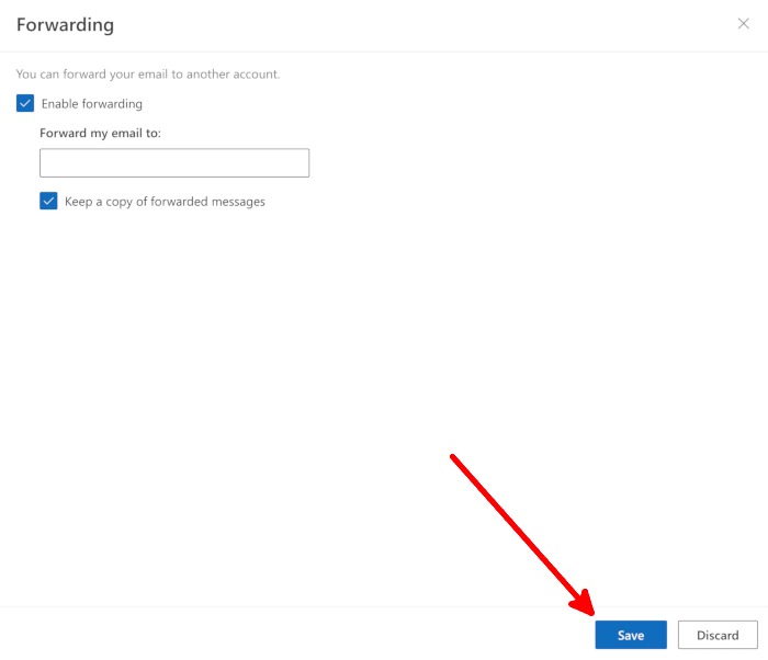 Saving forwarding settings in Outlook for web.