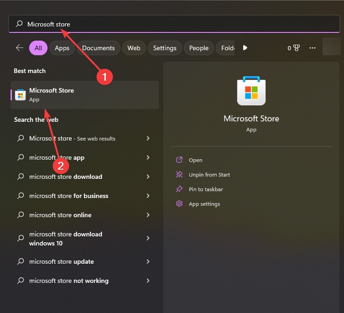Typing "Microsoft Store" in Windows Search.