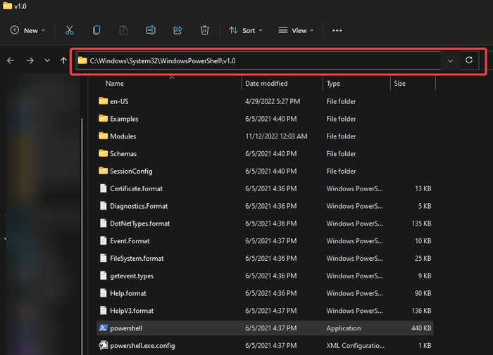 Navigating to PoweShell.exe location via File Explorer.