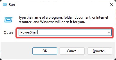 Typing "PowerShell" in Run window.