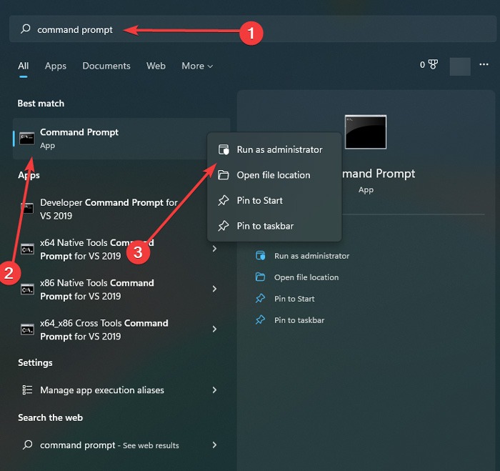 Typing "Command prompt" in Windows Search.