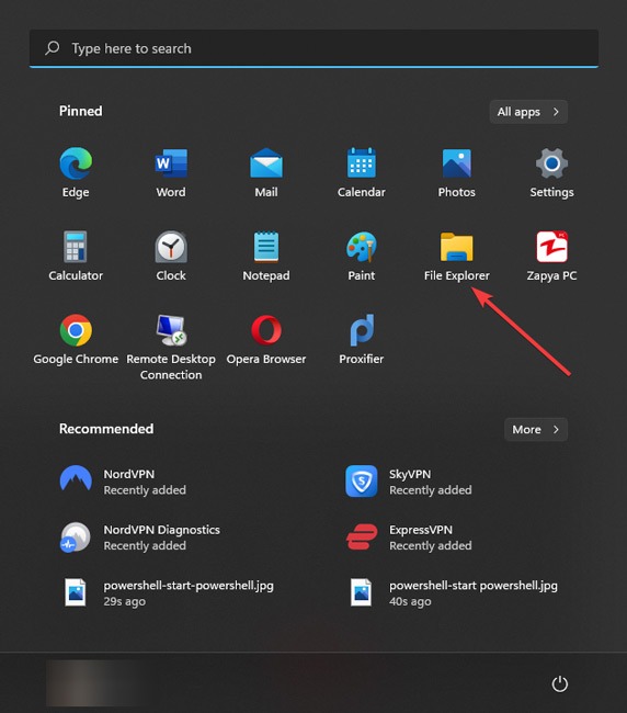 Opening up File Explorer from Start menu.