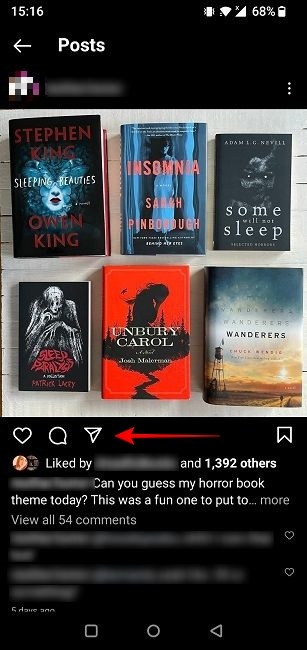 "Share" button activated in Instagram feed view.