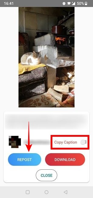 "Repost" option in Reposta app for Android. 