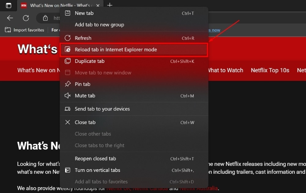 "Reload tab in Internet Explorer mode" option in Microsoft Edge browser.