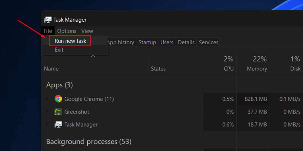 Opening "Run new task" option in Task Manager. 