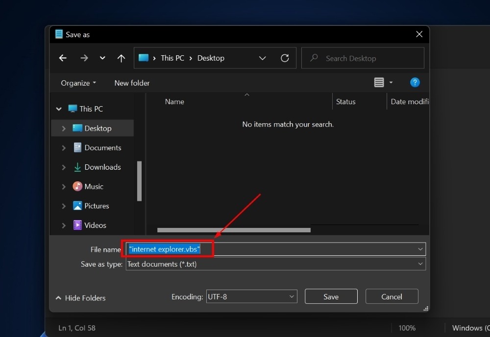 Saving file with .VBS extension.