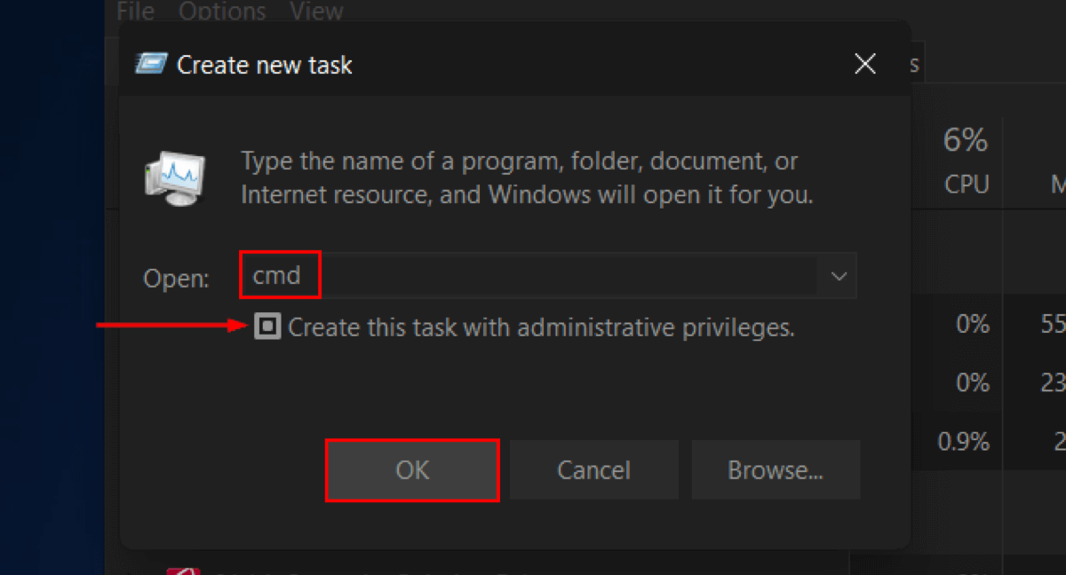 Typing "cmd" in "Create new task" window.