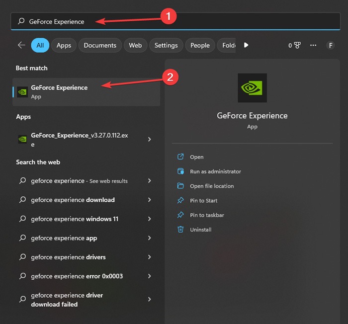 Type Geforce Experience in Windows Search.