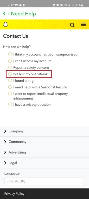 Contact Us form on Snapchat app.