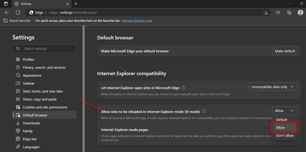 Enabling "Allow sites to be reloaded in Internet Explorer (IE mode)" option Microsoft Edge browser.