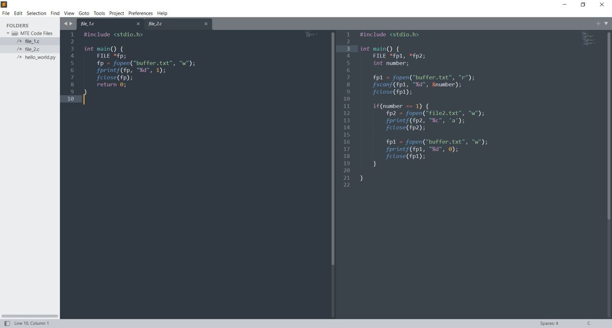 Sublime Text With Two C Code Side By Side And Folder To The Left Screenshot Sublime Text in-editor view.