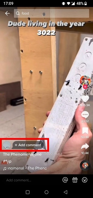"Add comment" option on TikTok video.