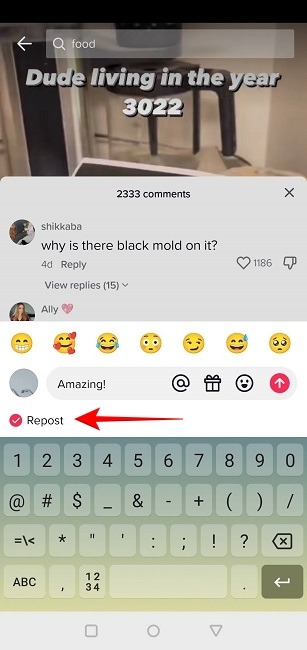 Repost option activated in comments for TikTok video.